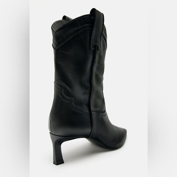 ZARA LEATHER COWBOY HEELED ANKLE BOOTS - Picture 8 of 10